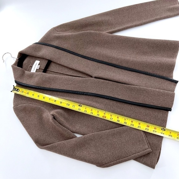 Calvin Klein Women's sz M Taupe/Black Open Front Knit Cardigan Faux Leather Trim - Picture 7 of 13
